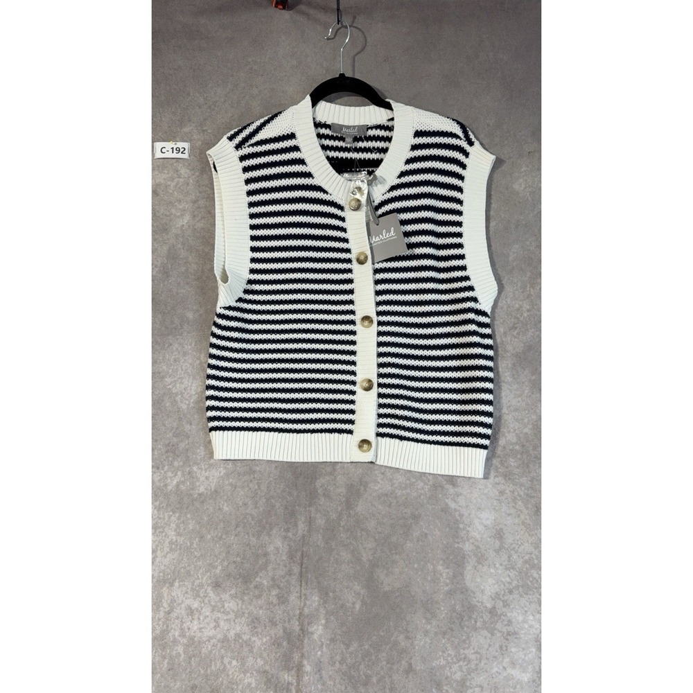 Marled Reunited Vest Women's Size Large Egret Night Sky Button Up Striped NWT